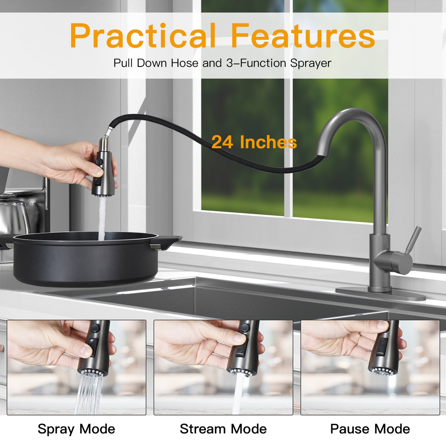 CWM Kitchen Faucet with Pull Out Sprayer,Matte Grey