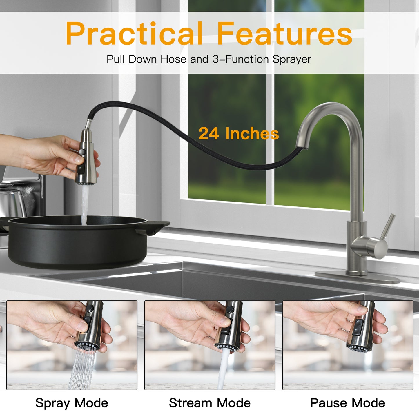 CWM Kitchen Faucet with Pull Out Sprayer,Brushed Stainless