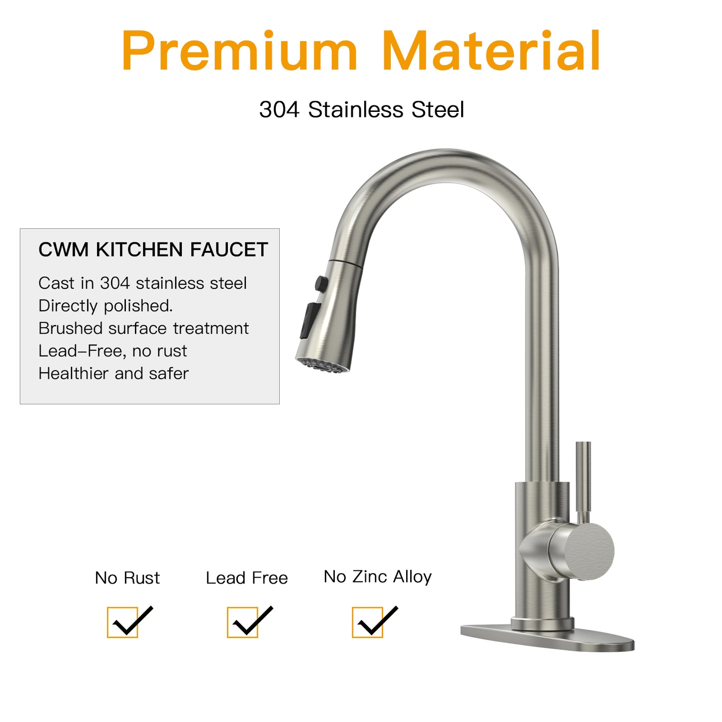 CWM Kitchen Faucet with Pull Out Sprayer,Brushed Stainless