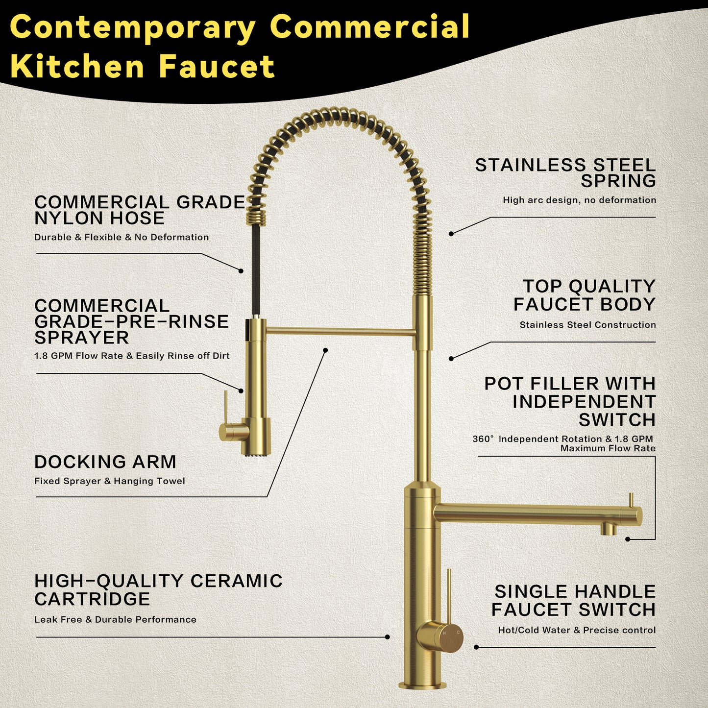 CWM Kitchen Faucet with Pull Down Sprayer,Brushed Gold